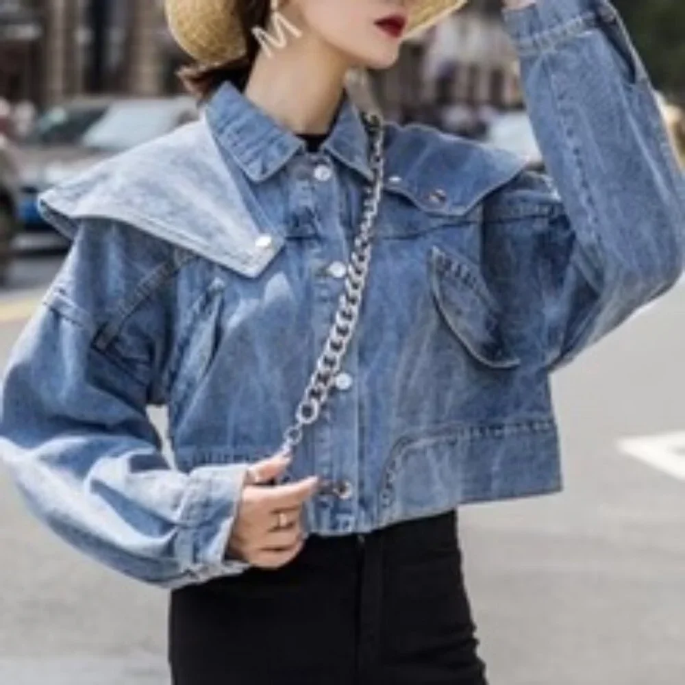 Bold Bib Collar Blue Jean Jacket – Trendy Cropped Cut - Picture 15 of 15